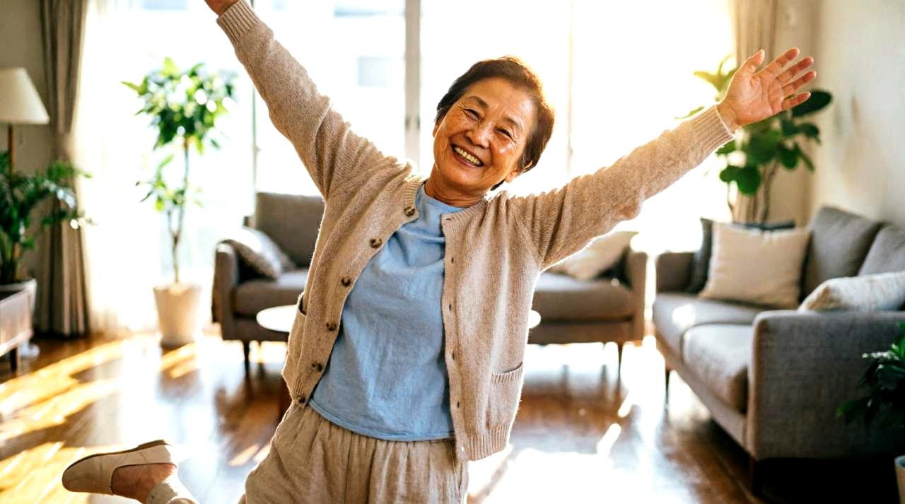 明るいリビングでマットの上に肘をついてプランク姿勢をとる、健康志向の60代男性の笑顔のポートレート