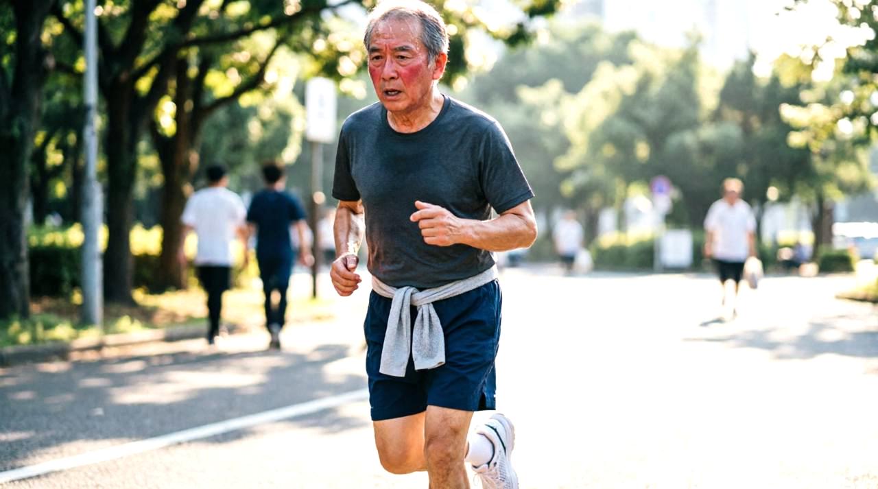 50代男性が朝の光の中で体の不調を感じながら立ち上がる様子
