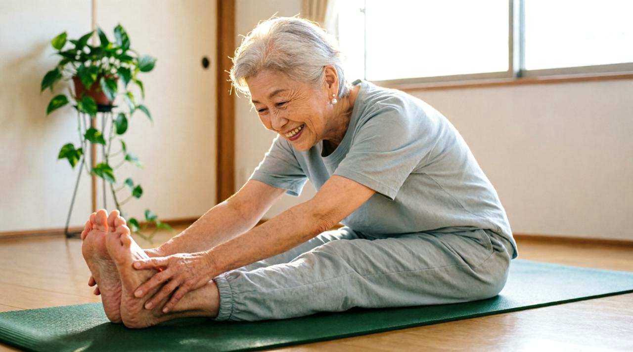 80代の男性が膝に違和感を感じた際に椅子に座ったままのスクワットなどの代替運動を行っている様子