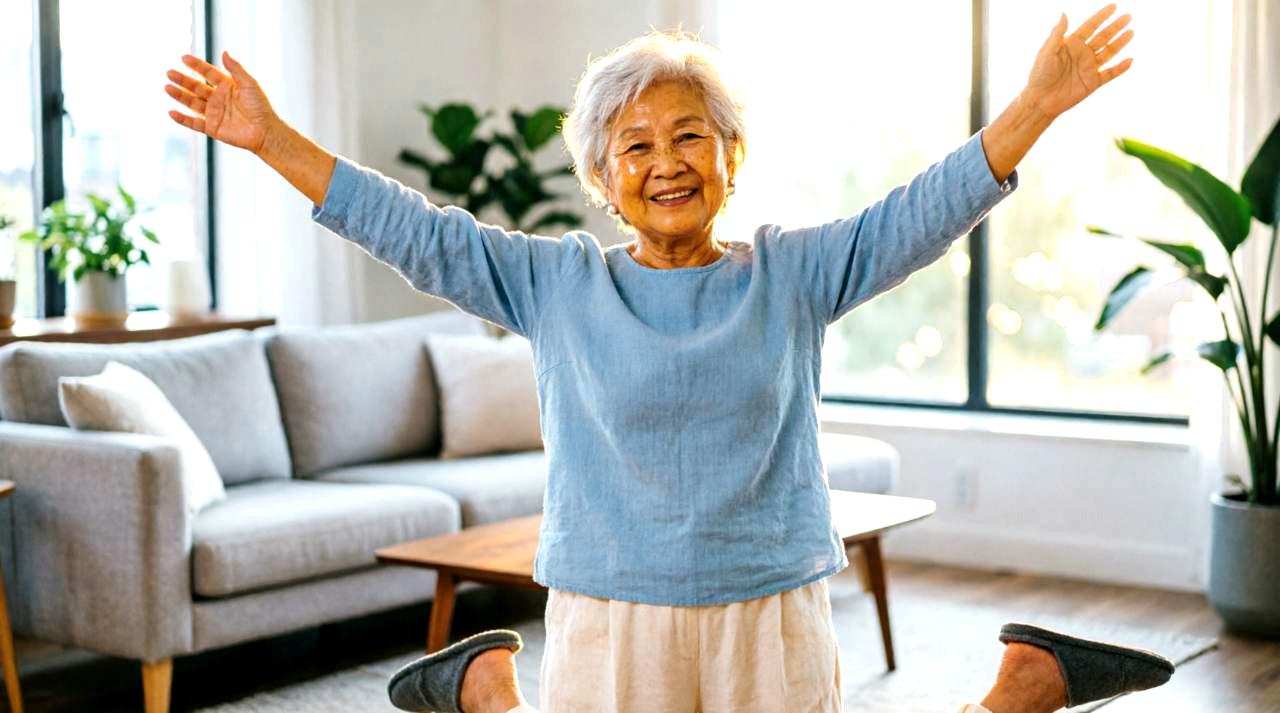 80代のシニアが、無理なく安全にストレッチを続けるためのポイントをまとめたインフォグラフィック風の画像。温かいメッセージが添えられている