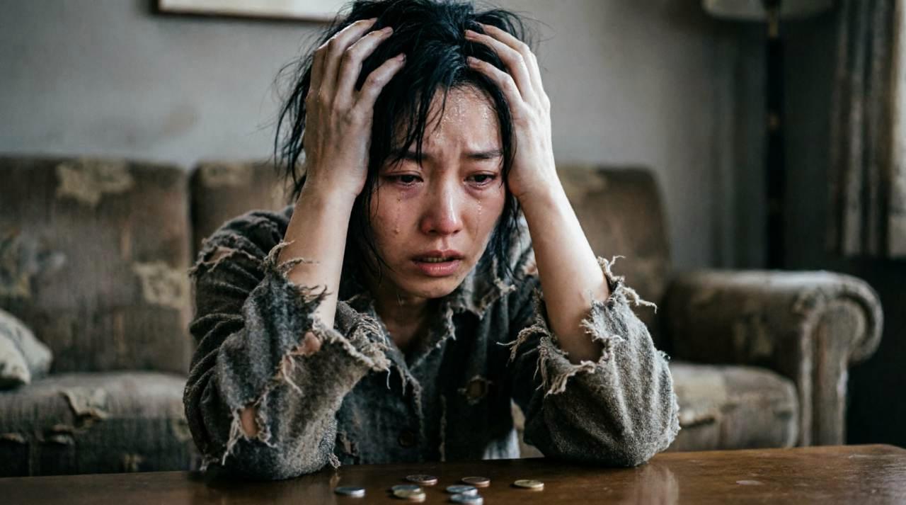 40代夫婦が家計簿と電卓を前に真剣に話し合っている様子