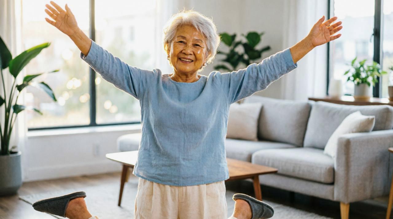80代のシニアが自宅でゆったりストレッチをしている様子。笑顔で伸びをしながら、関節や筋肉を気持ちよく動かしているイメージ
