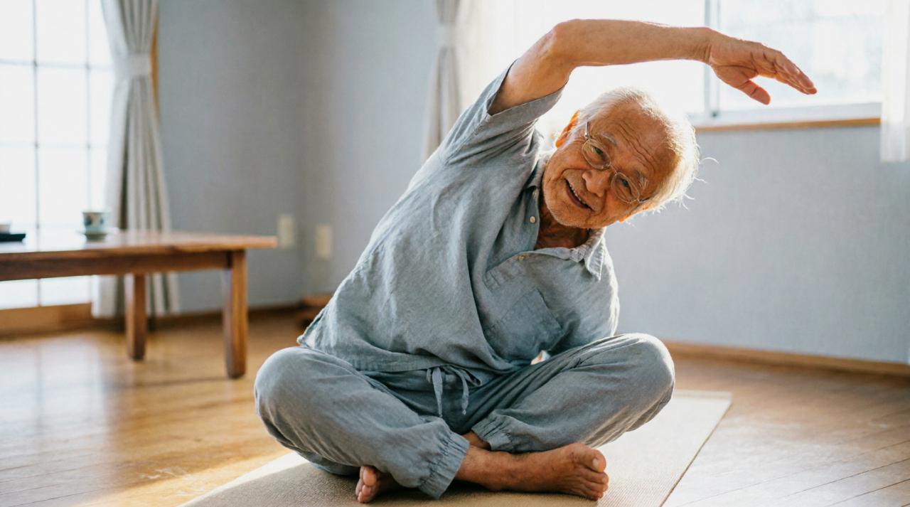 筋力低下を防ぐためにスクワットを生活に取り入れた中高年男性のイラスト