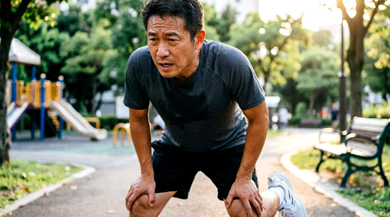 椅子に浅く腰掛け、両手を膝に置いて立ち上がろうとしているシニア男性