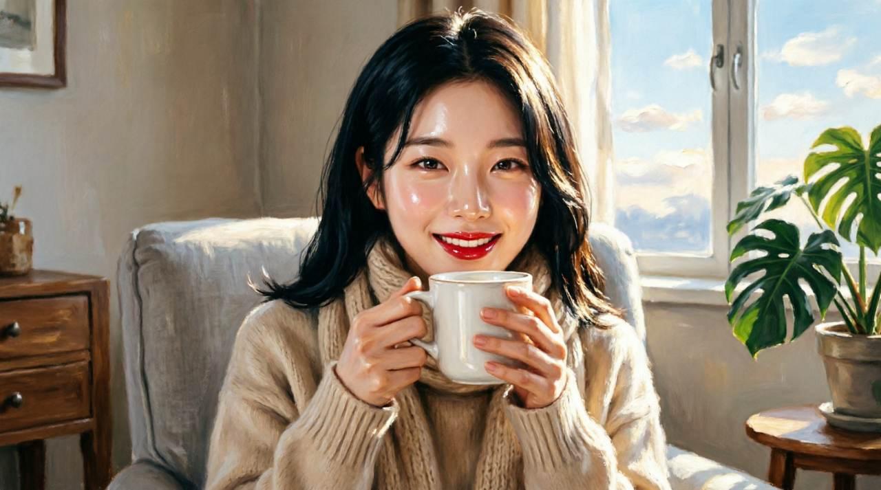晴れた窓辺でほっとした表情でコーヒーを飲む50代男性のシルエット