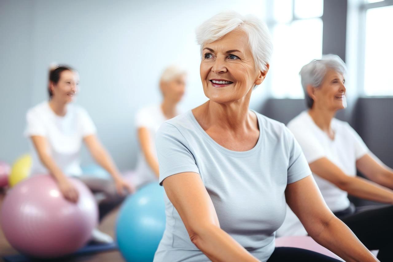 姿勢が良くなった自分を鏡で確認して笑顔になる60代女性