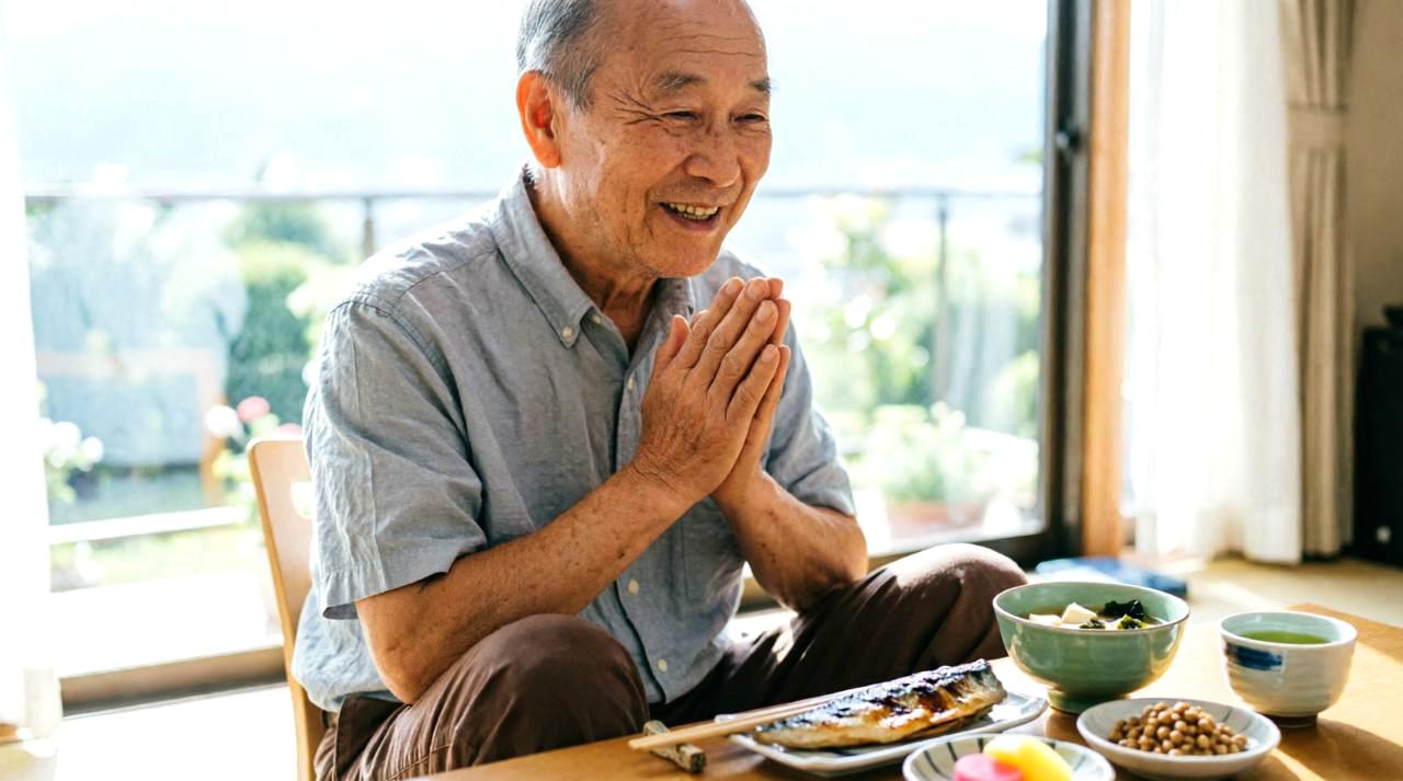 白米と雑穀米を組み合わせたごはんと、笑顔で食事をしている50代男性の写真