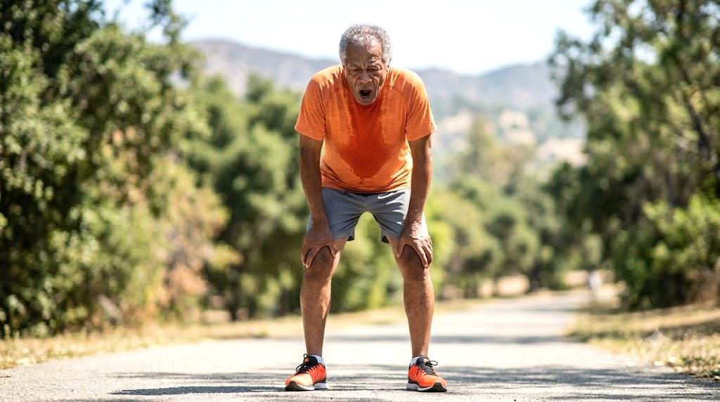 80代男性が運動不足で自宅の椅子に座り、健康への不安を感じている様子