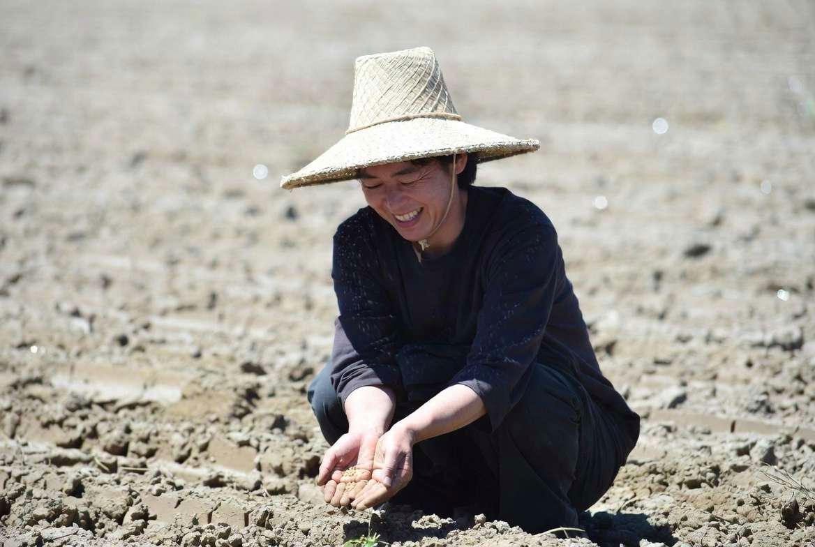 夕暮れの庭で収穫した野菜を抱え、満足げに微笑む50代男性