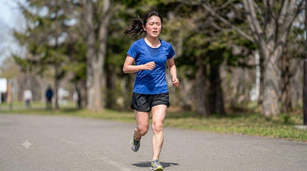 プランクの後に壁を使った肩甲骨ストレッチをするシニア女性