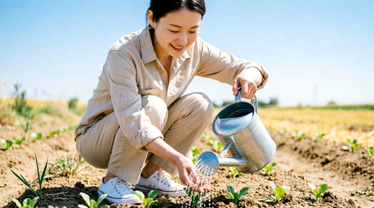 庭の小さな苗木に水をやる中年男性の後ろ姿と、穏やかな夕日