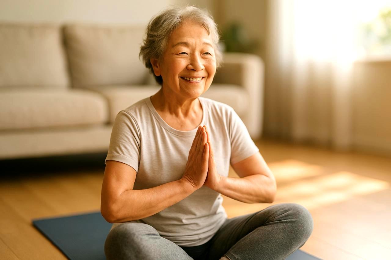 70代女性に適したプランクの理想的なキープ時間の目安を示すイメージ