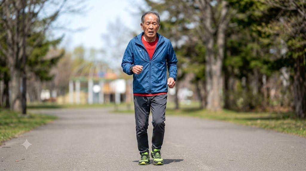 腕時計型の歩数計を確認しながらゆっくり歩くシニア男性の手元アップ