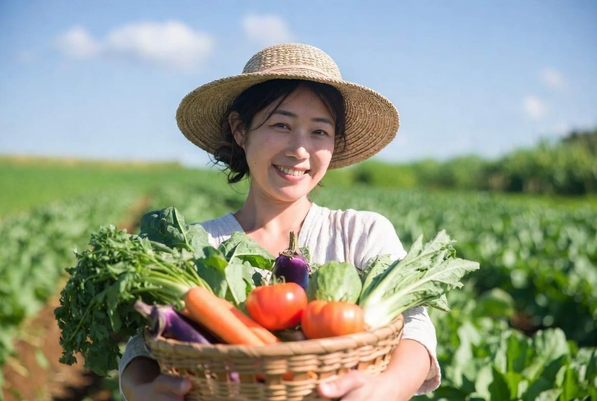 楽しそうに家庭菜園の収穫をするシニアと、隣で笑う友人