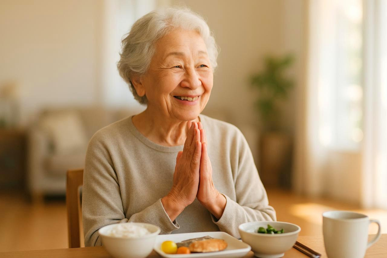 朝日の中で朝食を楽しむ50代男性の穏やかな表情