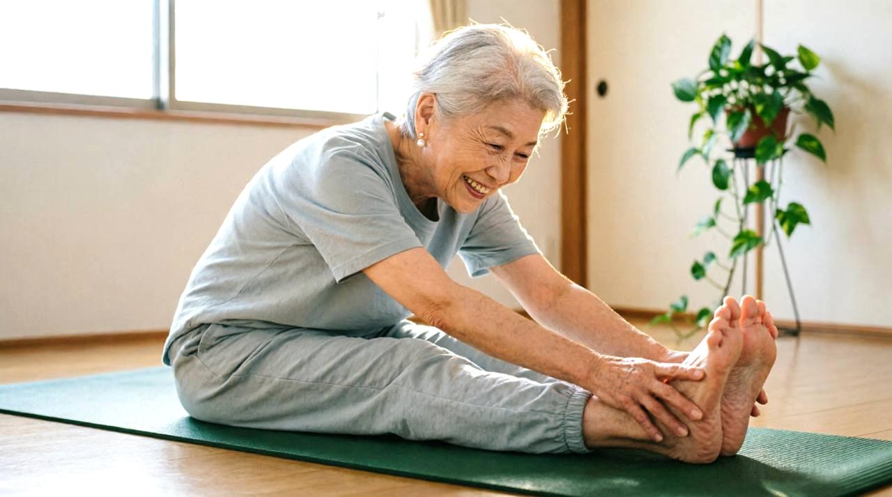 手すりを使って安全に歩く70代女性のイメージ