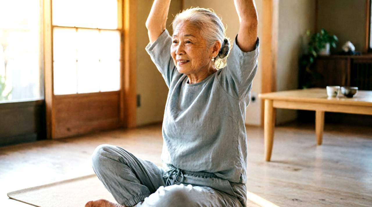 70代女性が笑顔で自転車にまたがり、風を感じながら住宅街を走っている様子