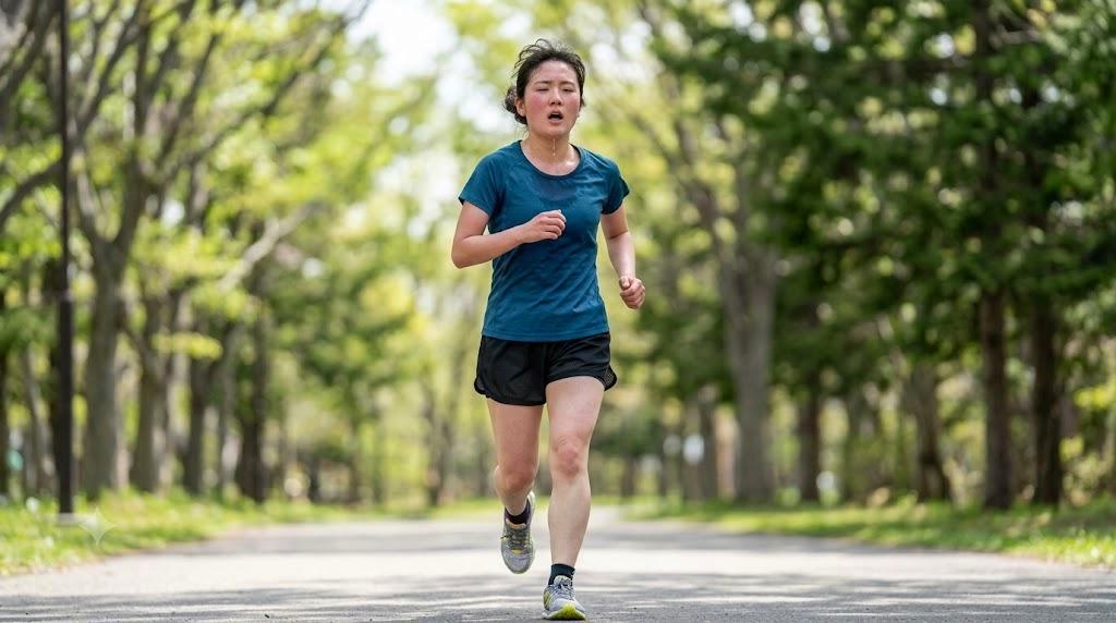 目を閉じて深く鼻呼吸をする50代の人物のクローズアップと腹部の動き