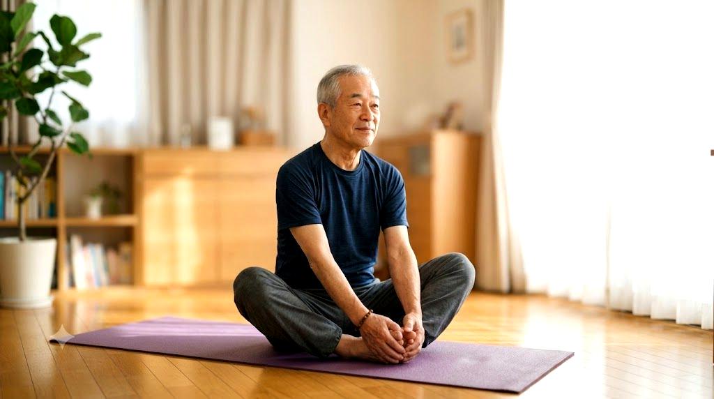 シニアの男性が喉を気にしながら水を飲んでいる様子