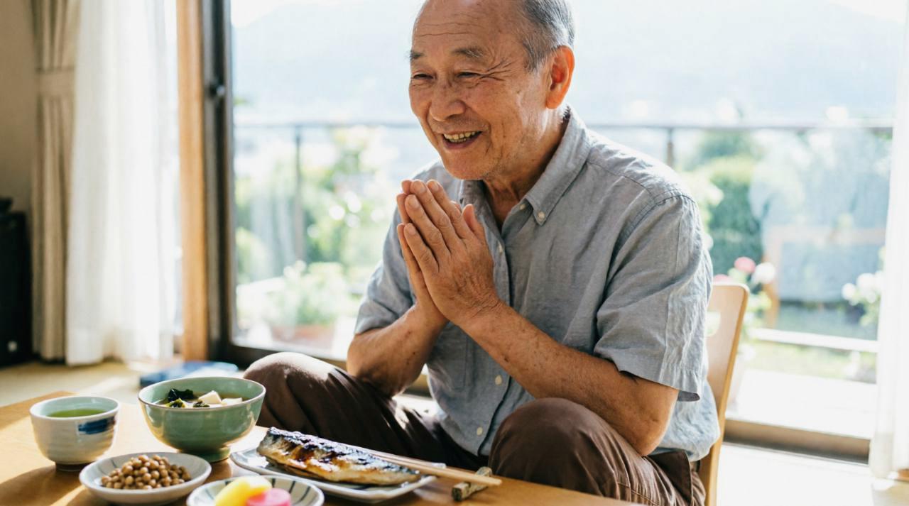 天然食材で作られた減塩和食と健康な高齢者の笑顔