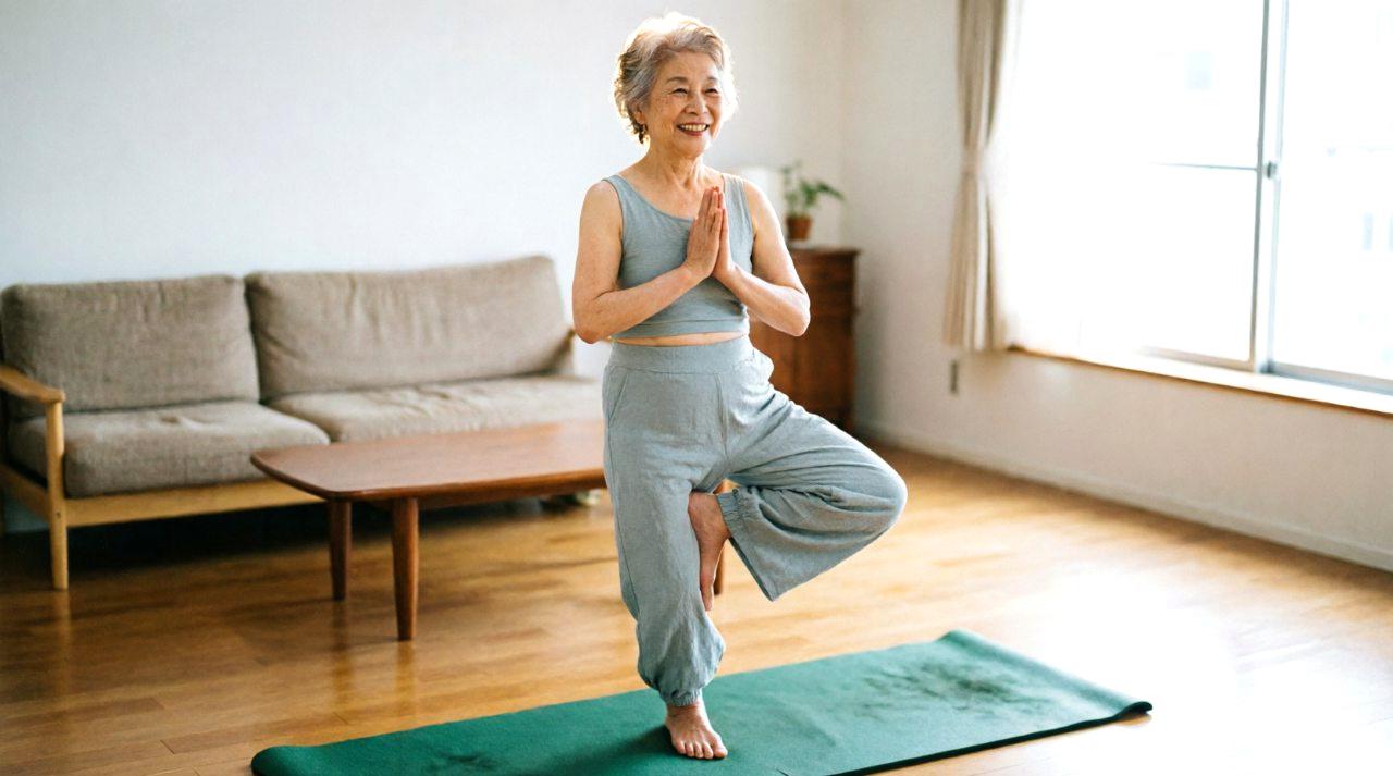 80代の男性が正しいフォームで一日10回のスクワットを終え、転倒予防に向けた安全な運動を達成している様子