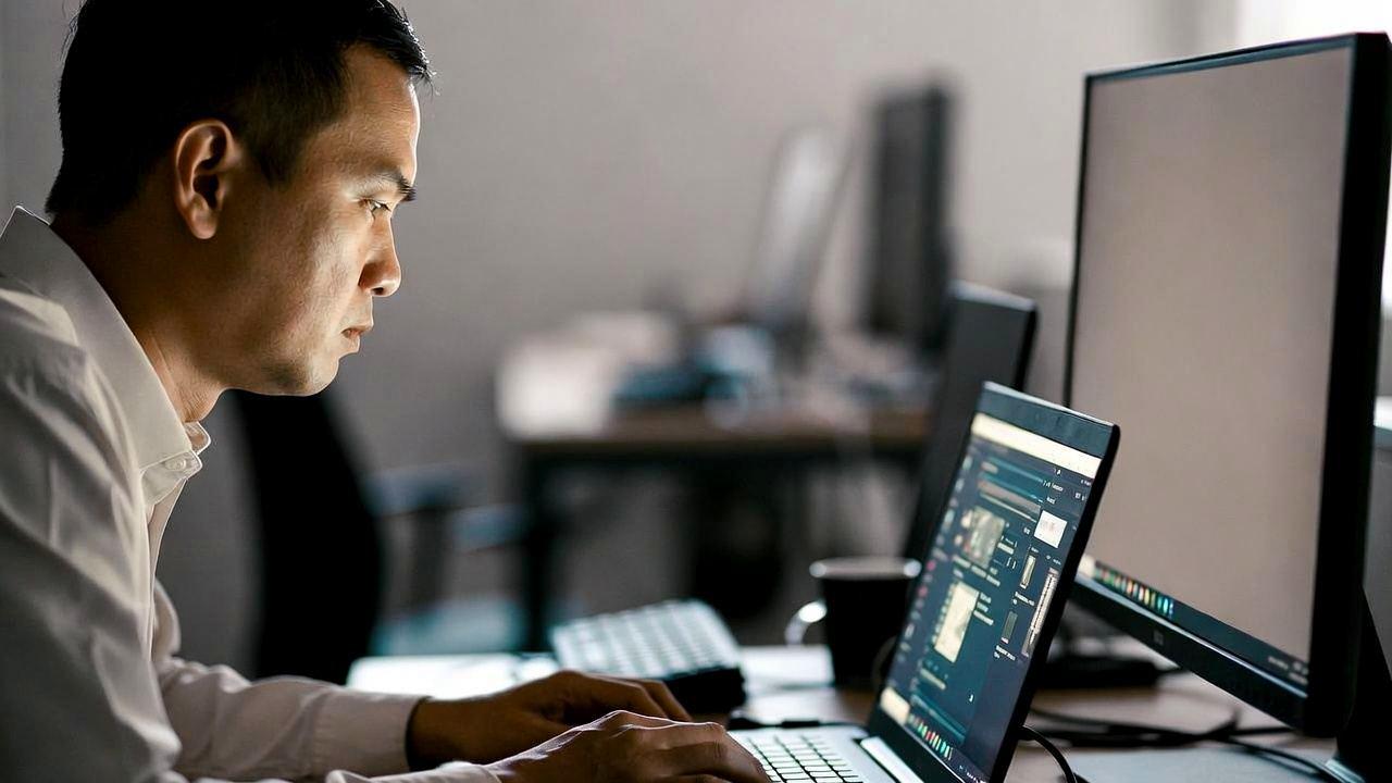 オフィスで仕事の合間にストレッチを行う40代男性の姿