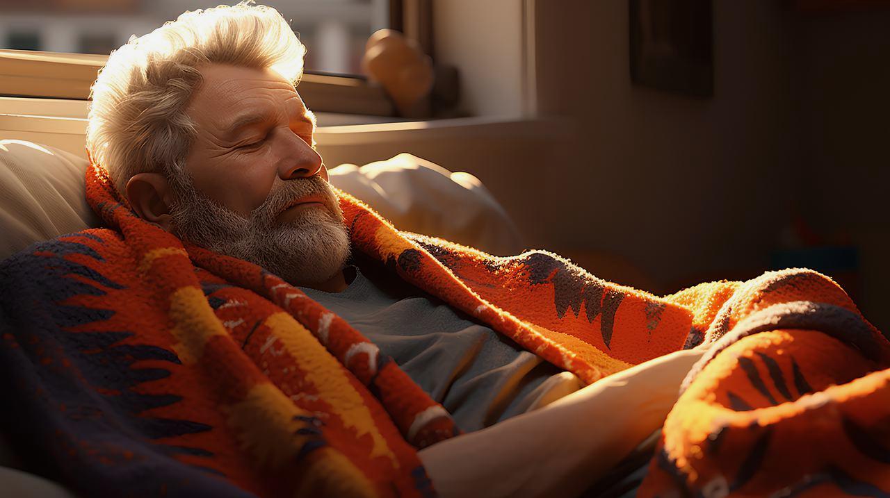 快適な寝室でゆっくり眠るシニア男性のイメージ