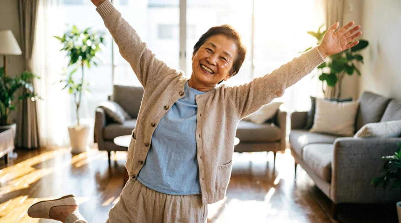 顕微鏡で見た筋線維の再生イメージと「80代でもOK」の文字が重なった画像
