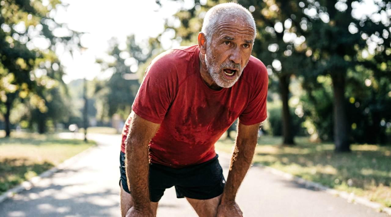 70代のシニア男性が食卓で体調不良を感じている様子