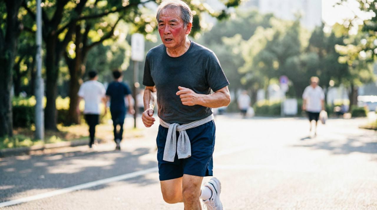 70代の方がヨガを始めるきっかけとなる、猫背と歩行力の変化を感じる日常生活のイラスト
