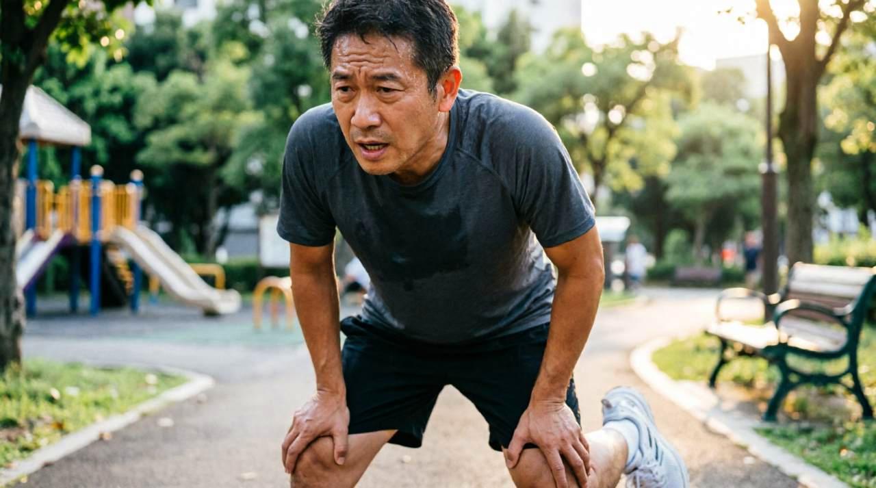 朝の公園でウォーキングを楽しむ50代のカップル。生活リズムに合わせた時間帯
