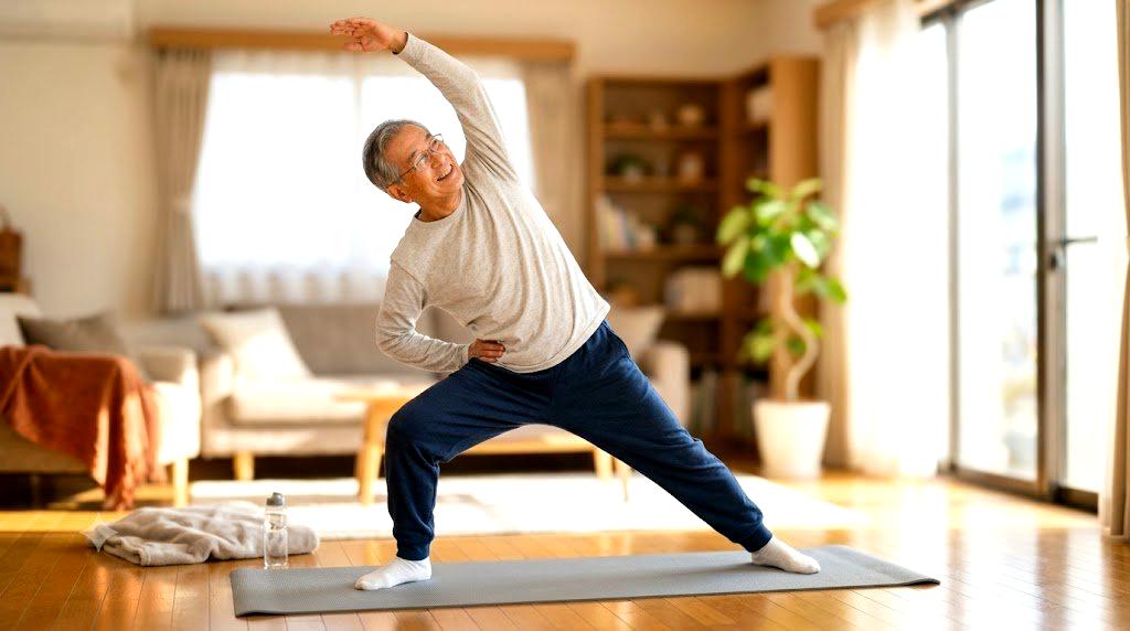 壁に片手をつきながら片足を上げて立ち木のポーズをとる70代女性の安定した横顔