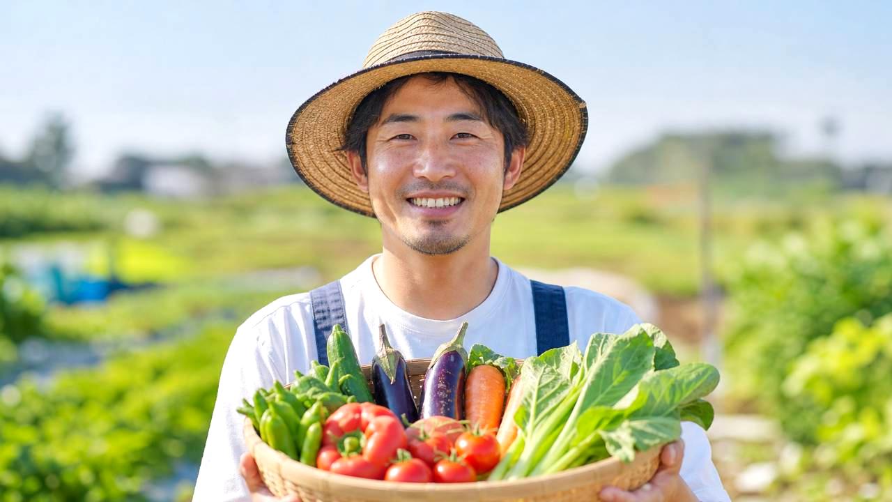 家庭菜園で植物を育てて笑顔を見せる50代男性
