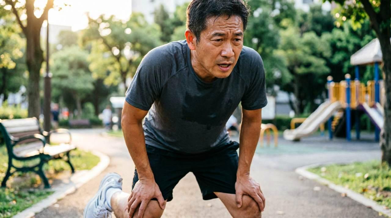70代の部屋掃除で重い掃除機をかけながら疲れ果てているシニアの様子