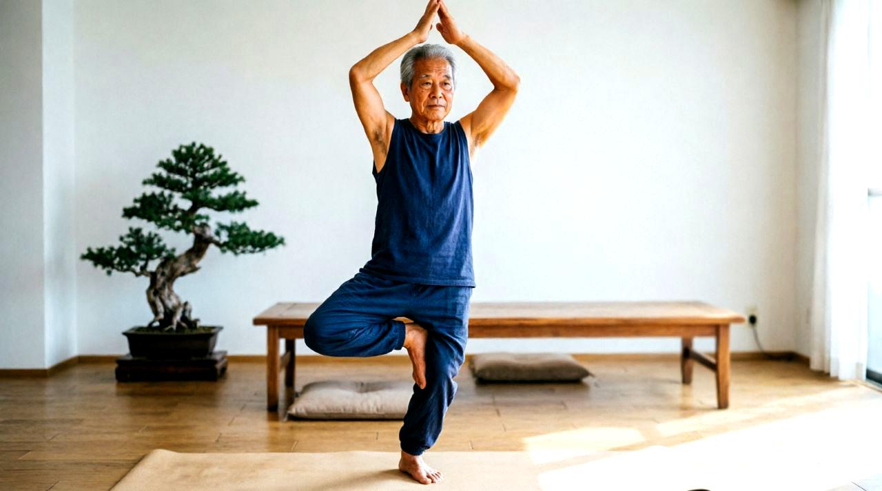 60代男性が健康維持のためにスクワットを行っている様子