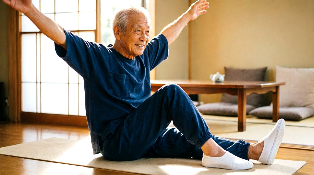 高齢者がピラティスで体幹や全身の筋肉を動かしている様子