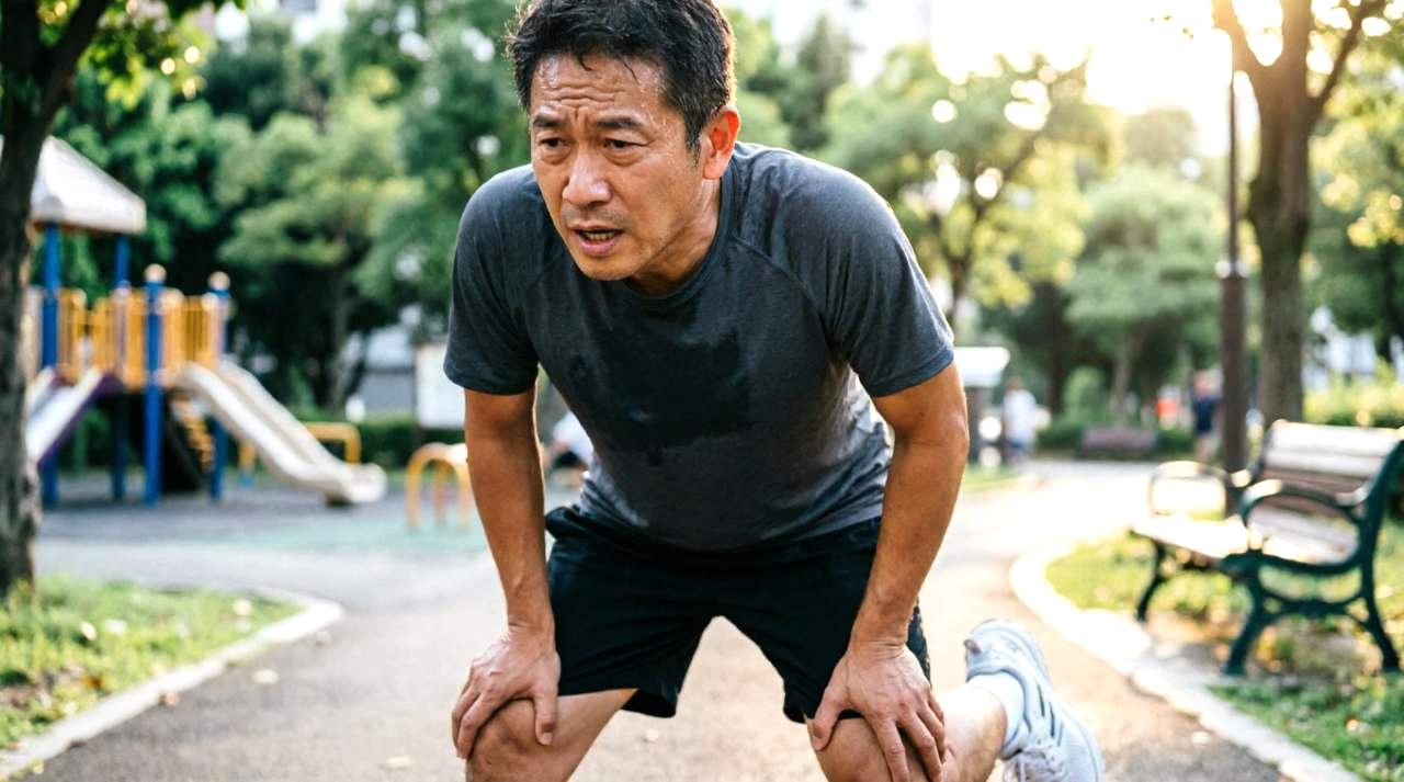 50代女性が自宅の階段で脚をさする様子。筋力低下による日常の違和感を表すイメージ