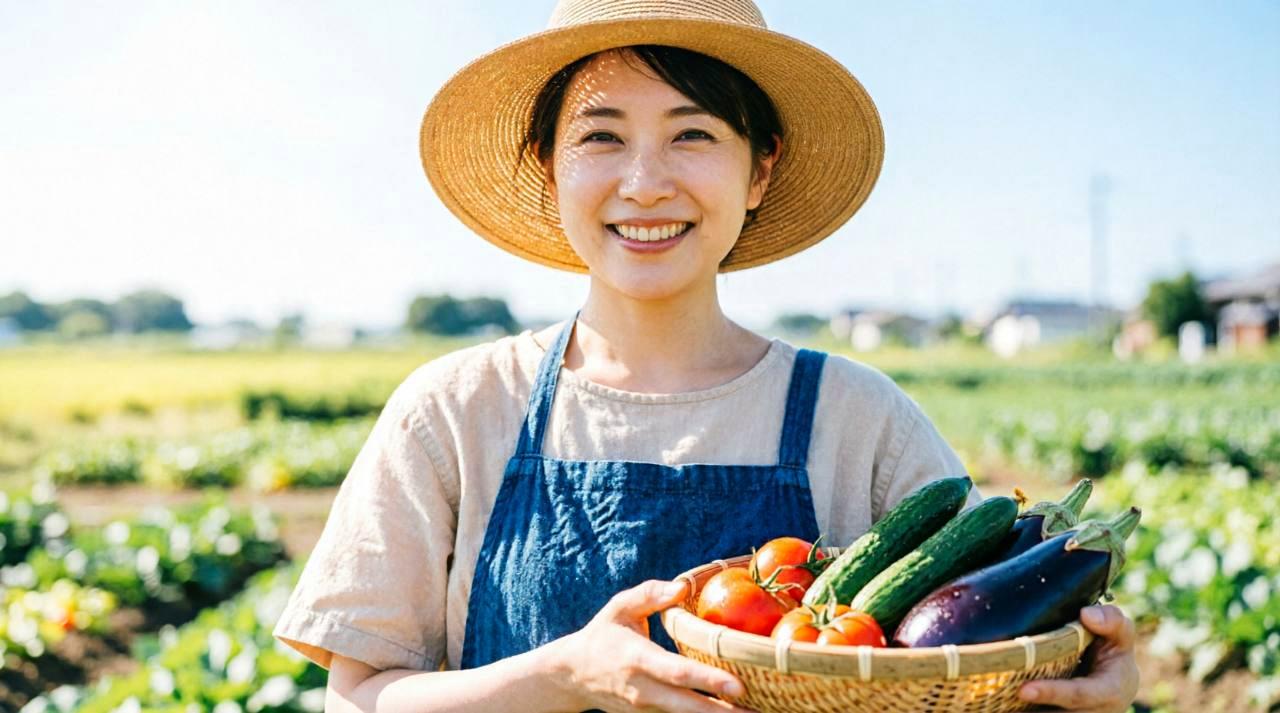 朝日を浴びて成長したプランター菜園と、満足げに微笑む50代女性の後ろ姿